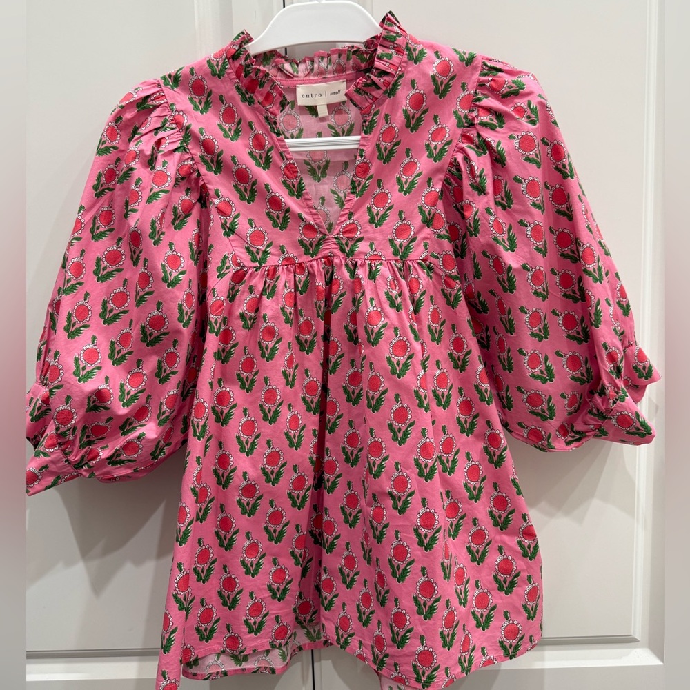 entro Pink Floral Print V-Neck Puff Sleeve Blouse - Picture 7 of 7